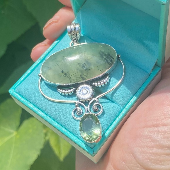 Prehinite, Green Amethyst & Sterling Silver Handcrafted Pendant 3” - Picture 6 of 6